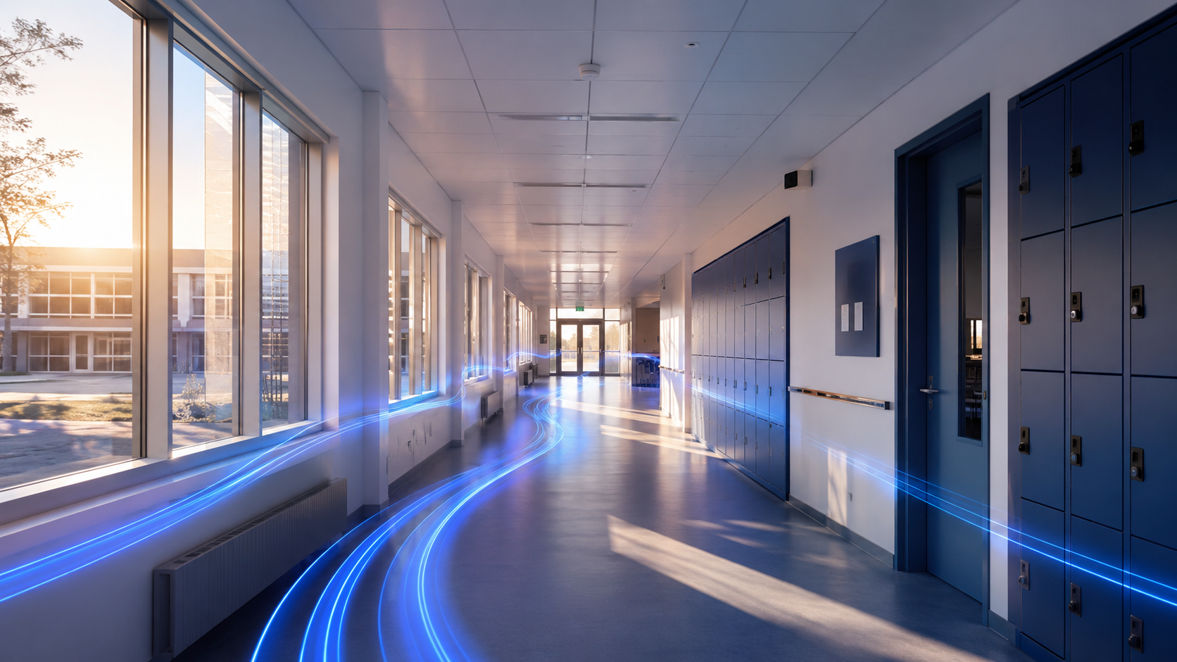 A modern British school corridor at the start of the day